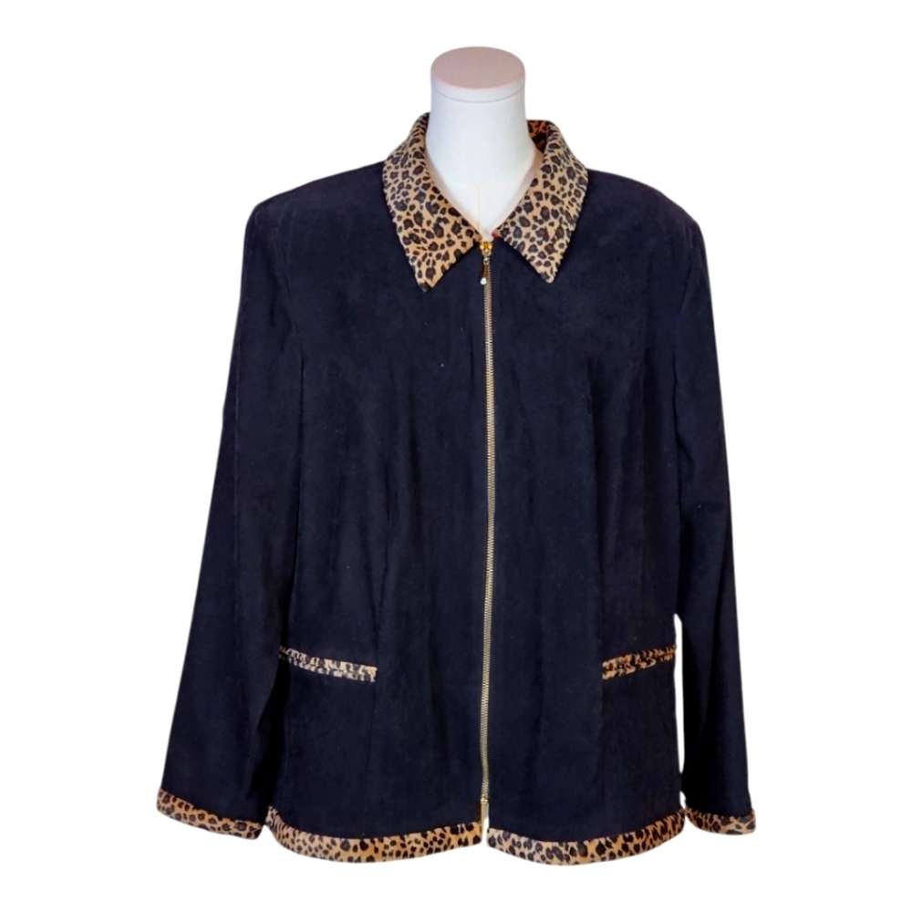 Jessica Howard Y2K Leopard Trim Black Zip Jacket Size 20W Plus Size